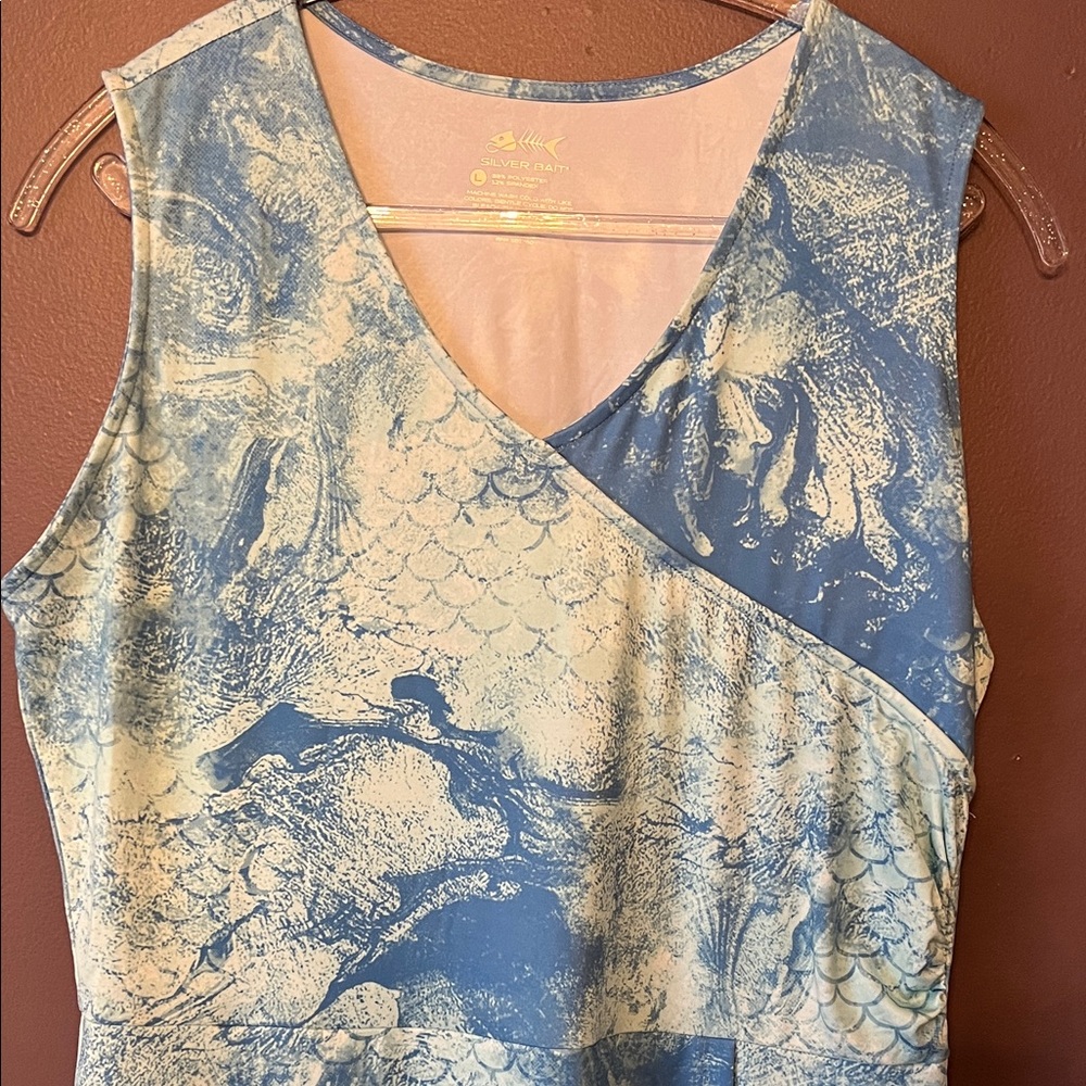 Silver Bait Performance Sportswear Blue Marble Print Sleeveless V Neck Dress L - Picture 2 of 5